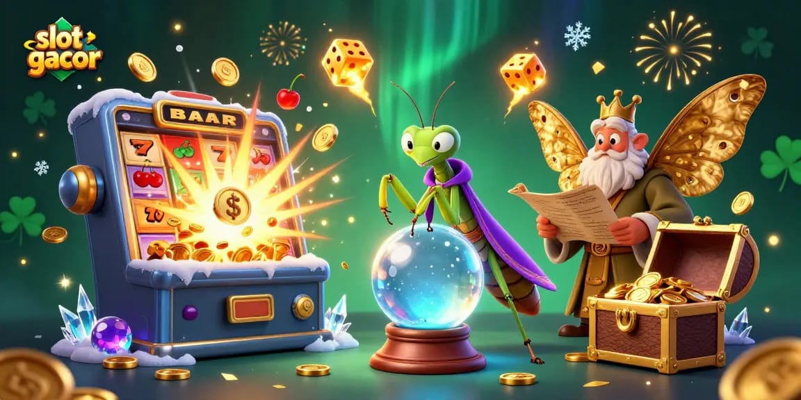 Experience vibrant slot gacor action with a cartoon fortune teller and magical casino elements in a dynamic 3D illustration.