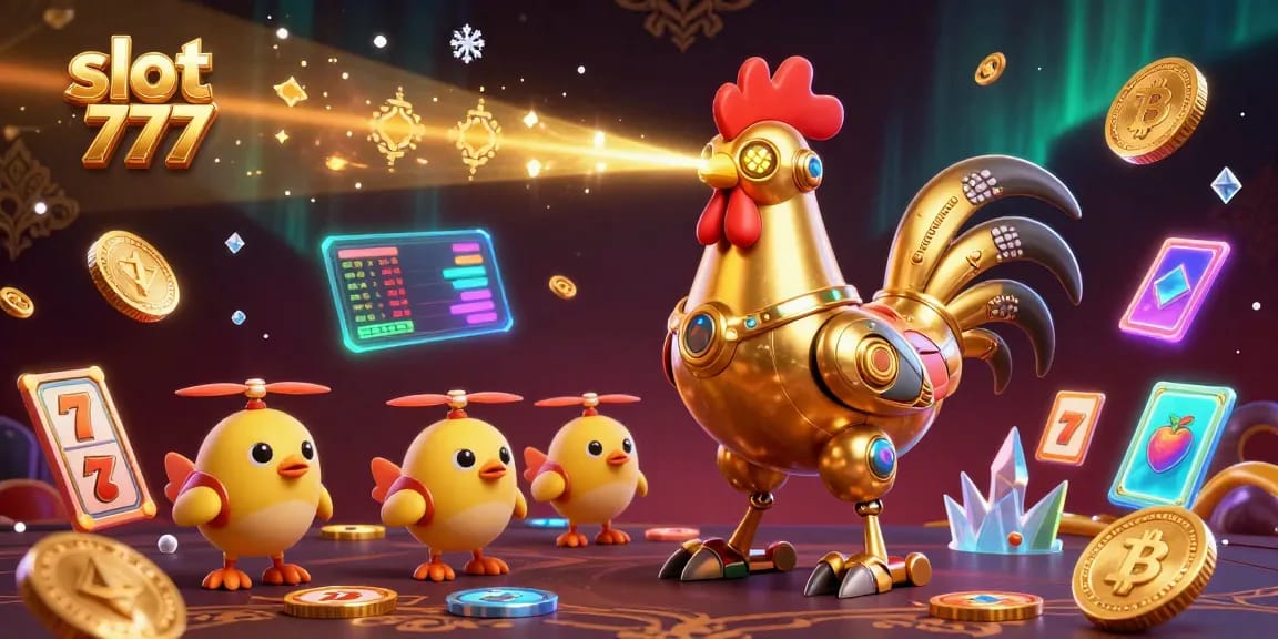 Spin the reels with slot 777 as a golden rooster robot engages in a vibrant casino adventure.