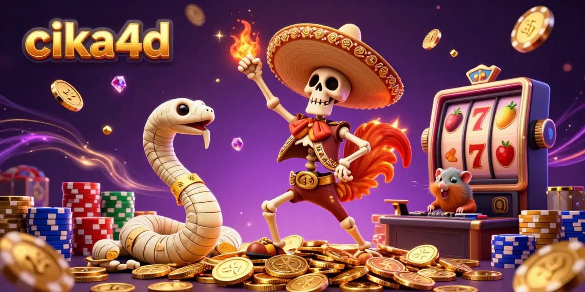 Cika4d showcases a jubilant 3D mariachi rooster winning big among cascading slot coins and vibrant game elements.