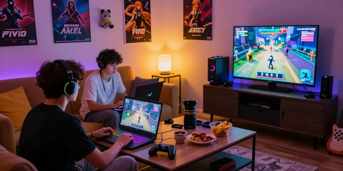Exciting multiplayer gaming scene featuring a 3d ecchi game with friends in a cozy environment.