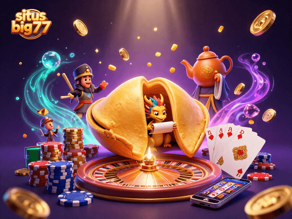 Experience the thrill of situs big777 with a vibrant casino-themed 3D illustration depicting fortune and excitement.