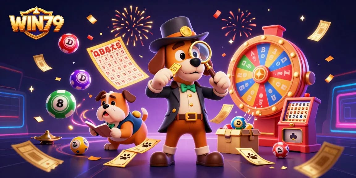 Experience WIN79's vibrant casino atmosphere with detectives uncovering hidden treasures amidst dynamic games and lively symbols.