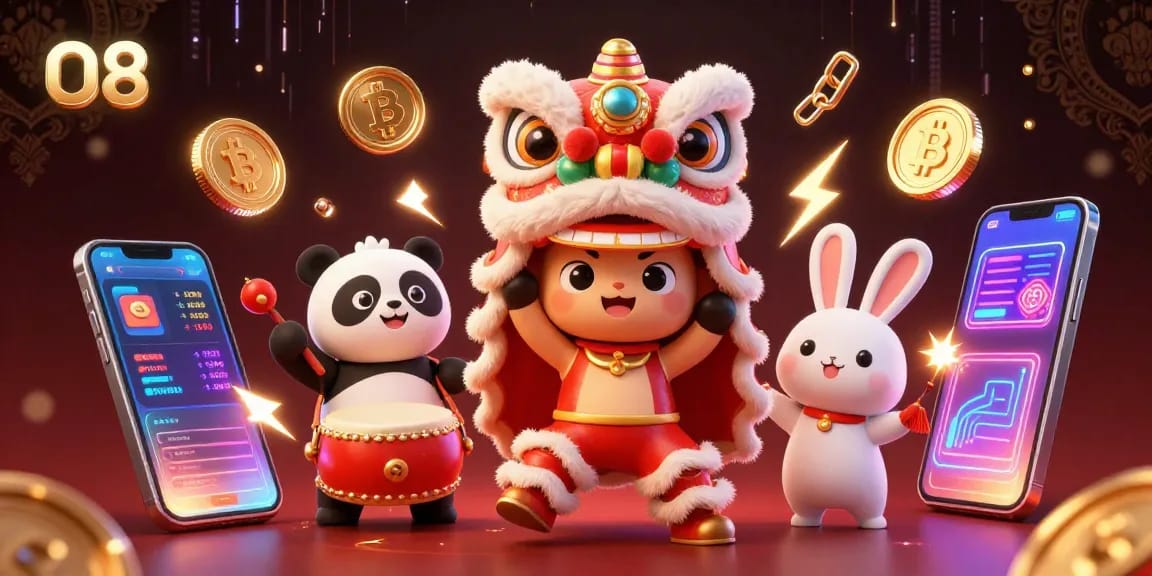 Engage with O8's vibrant casino scene featuring animated characters and dynamic crypto elements.