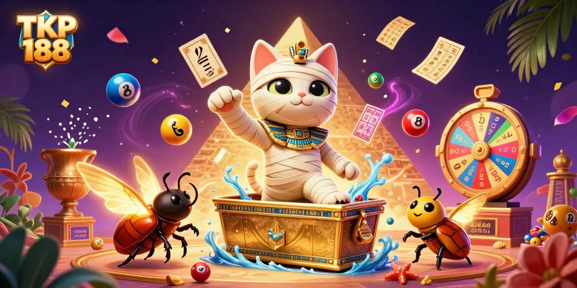 Engage with TKP 188 as the animated Egyptian mummy cat bursts from a golden casino sarcophagus.
