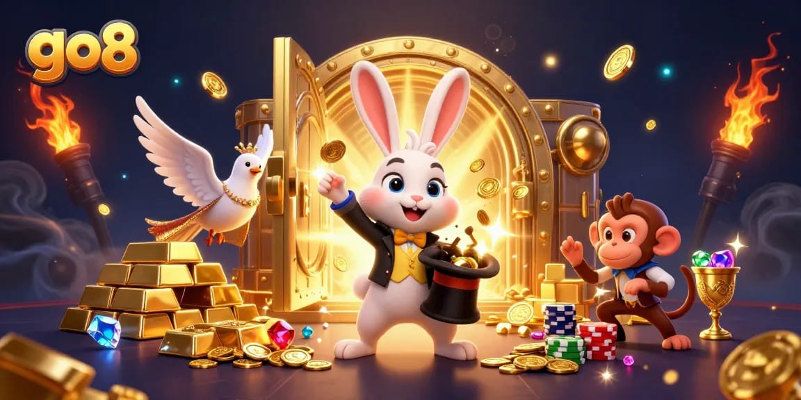 Experience thrilling gambling at go8 with a magician rabbit, casino elements, and golden treasures.