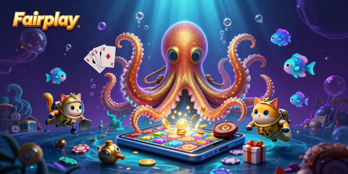 Engage in Fairplay with a vibrant depiction of a kraken and a diving cat amidst casino elements.