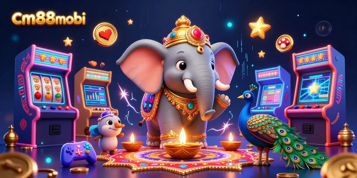 Engage with cm88mobi’s energetic gaming scene featuring a Diwali-themed elephant and immersive casino elements.