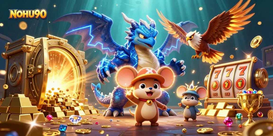 Engage with the exhilarating world of NOHU90 slots featuring dynamic characters and treasures in a vibrant casino scene.