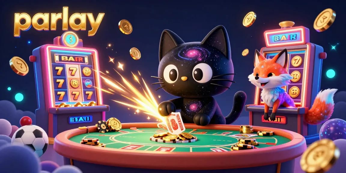 Master the parlay betting strategy with a colorful cosmic casino scene featuring a black hole cat.