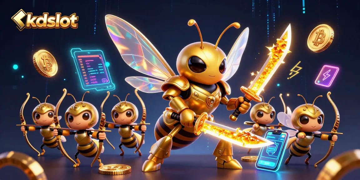 Engage in thrilling games at kdslot with exciting 3D animations of a golden hornet and crypto-themed elements.