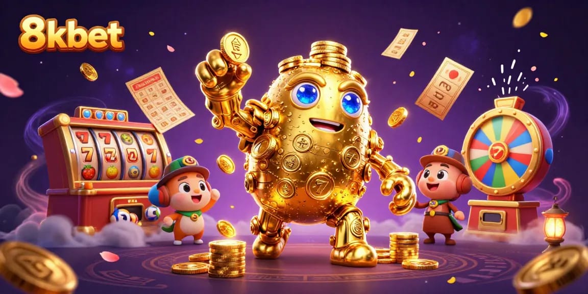 Experience excitement at 8kbet with a vibrant 3D casino scene filled with colorful slot elements.