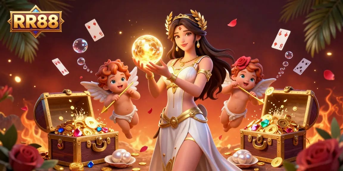 RR88 brings excitement with a captivating scene of a Grecian goddess and cherubs, embodying the thrill of online gambling.