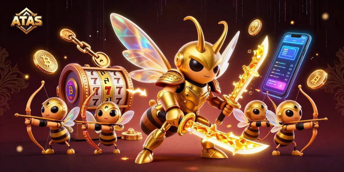 Engage with ATAS through a vibrant 3D illustration of a golden hornet in a casino-themed setting featuring slot reels and digital elements.