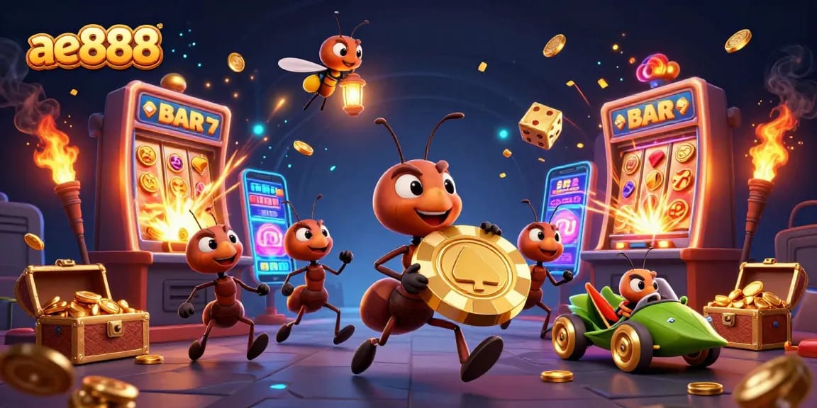 Experience thrilling gaming at ae888 with ants heisting a massive poker chip amidst dynamic casino elements.