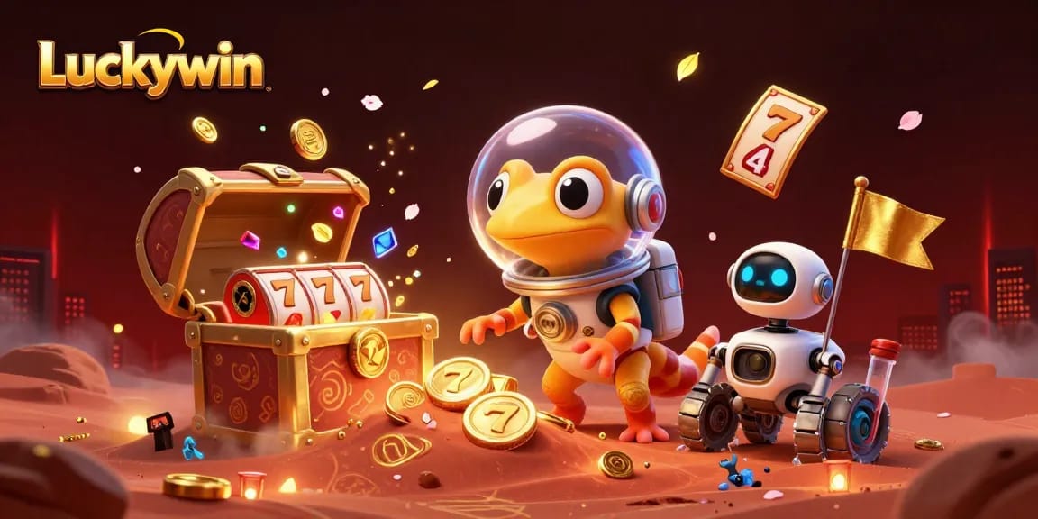 Luckywin showcases an exciting Martian casino adventure with vibrant slot reels and gold treasures.