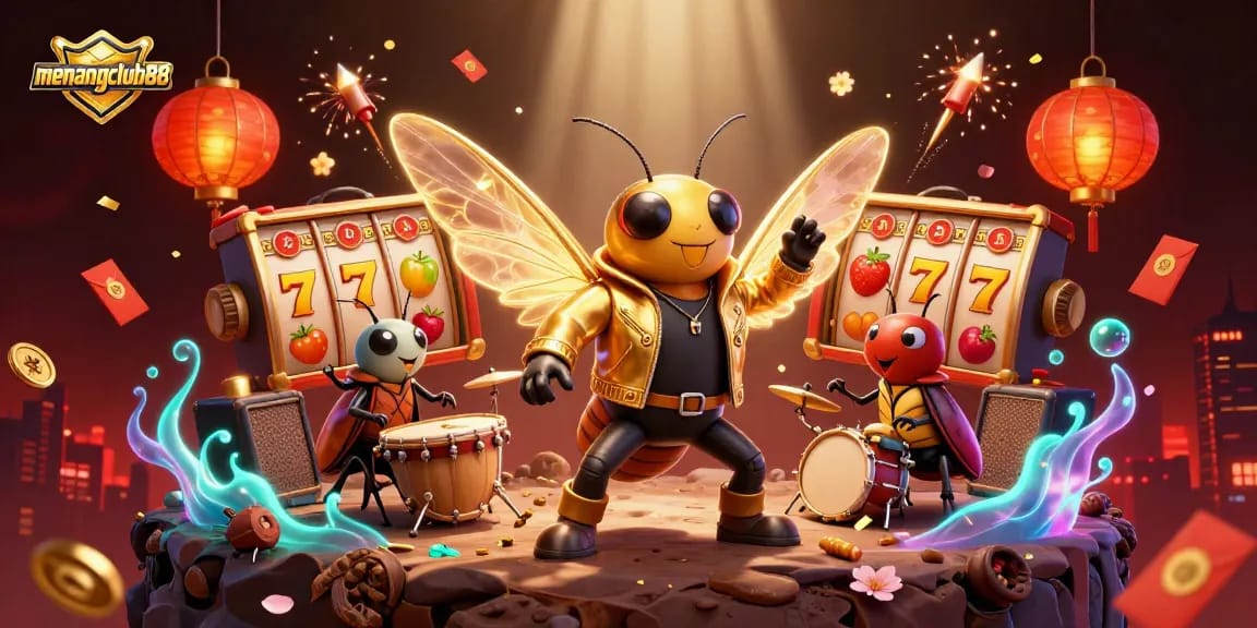 Experience excitement with menangclub88 in a vibrant casino scene featuring rock star characters and slot reels.