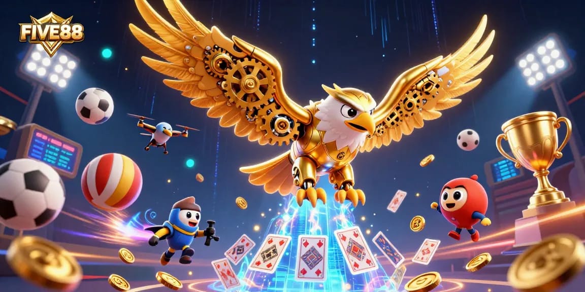 Experience thrilling gaming action with FIVE88's dynamic cybernetic eagle in this vibrant casino scene.