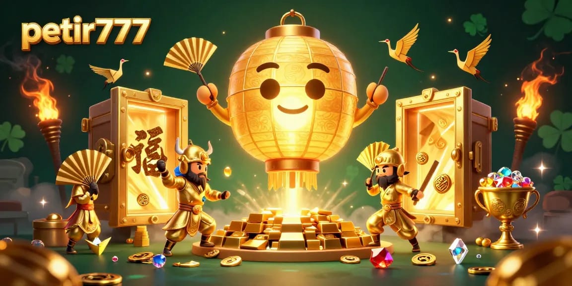 Engage with petir777's immersive gaming experience, featuring vibrant characters and golden treasures.