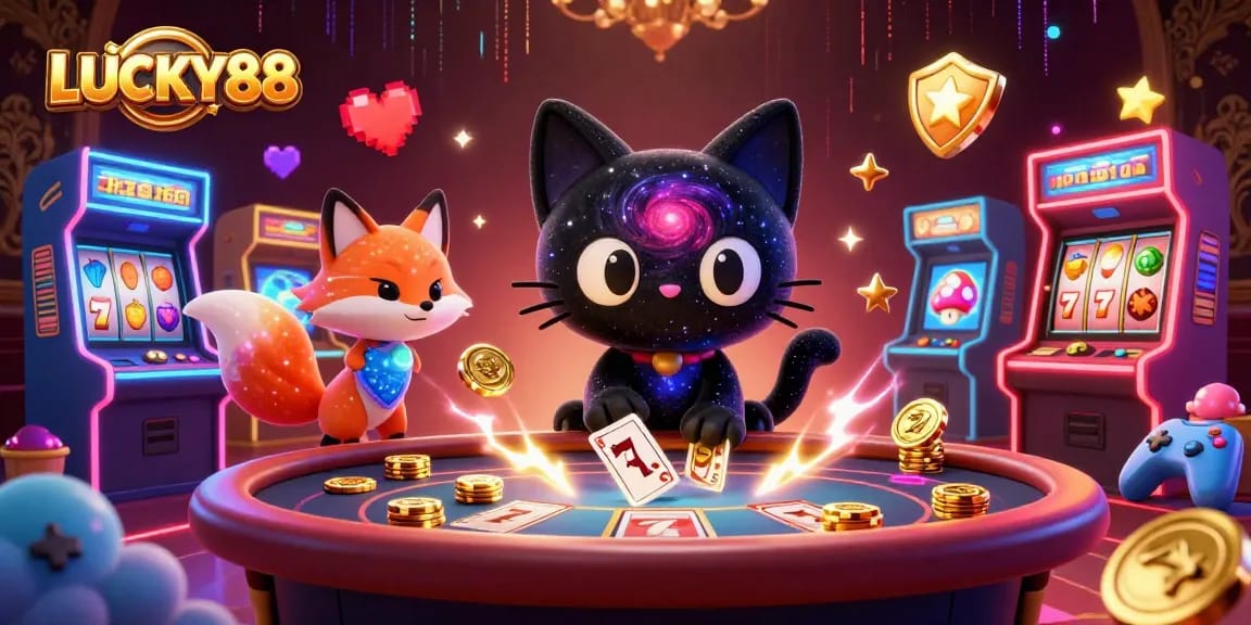 Engage with LUCKY88 at a cosmic casino with a black hole cat and a nebula fox among vibrant gaming elements.