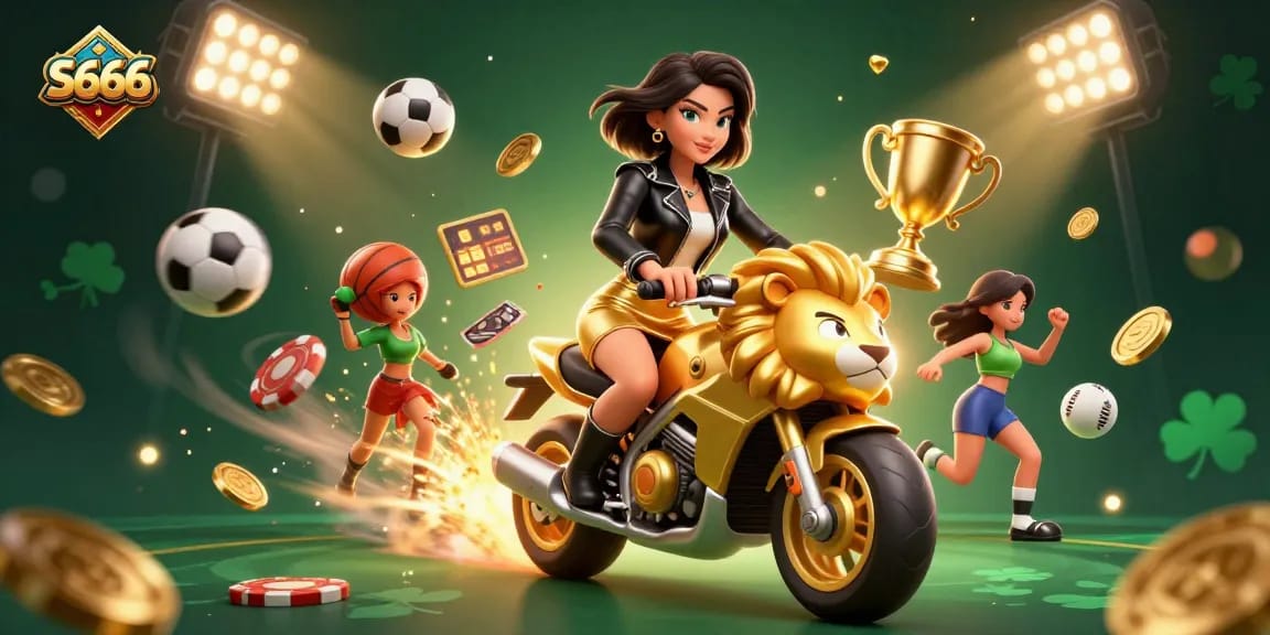 S666 players experience thrilling action with a glamorous character on a golden lion amidst vibrant casino elements.