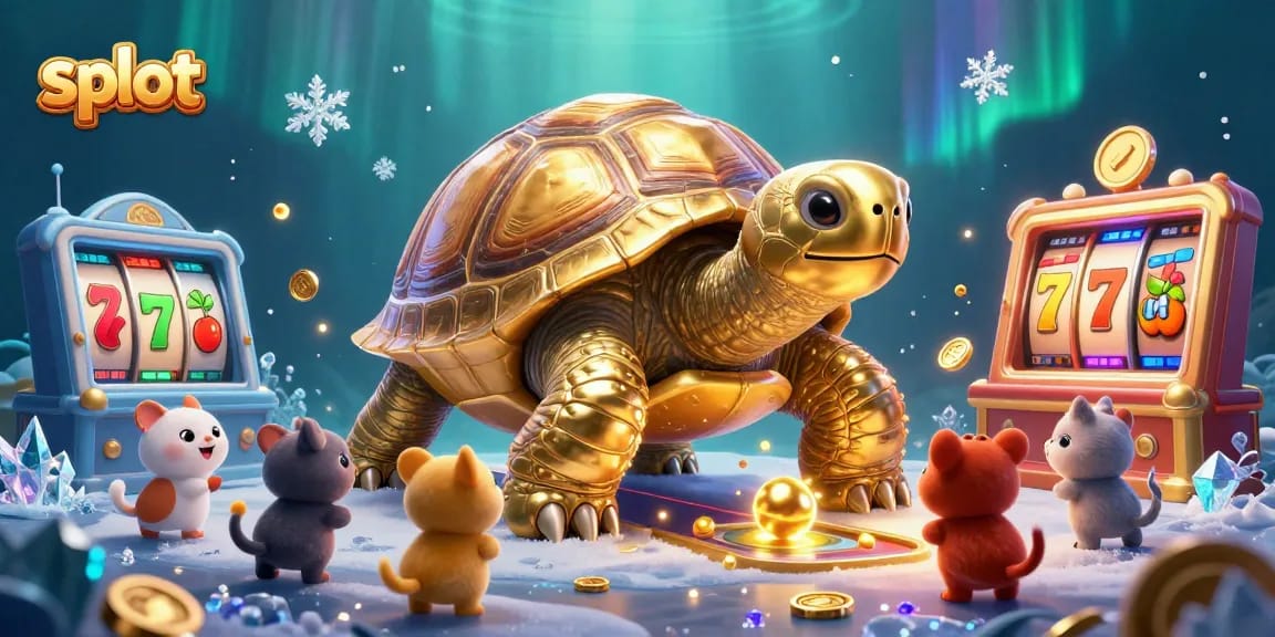 Permainan slot menarik dengan kura-kura raksasa dan hewan kecil menunggu giliran.
