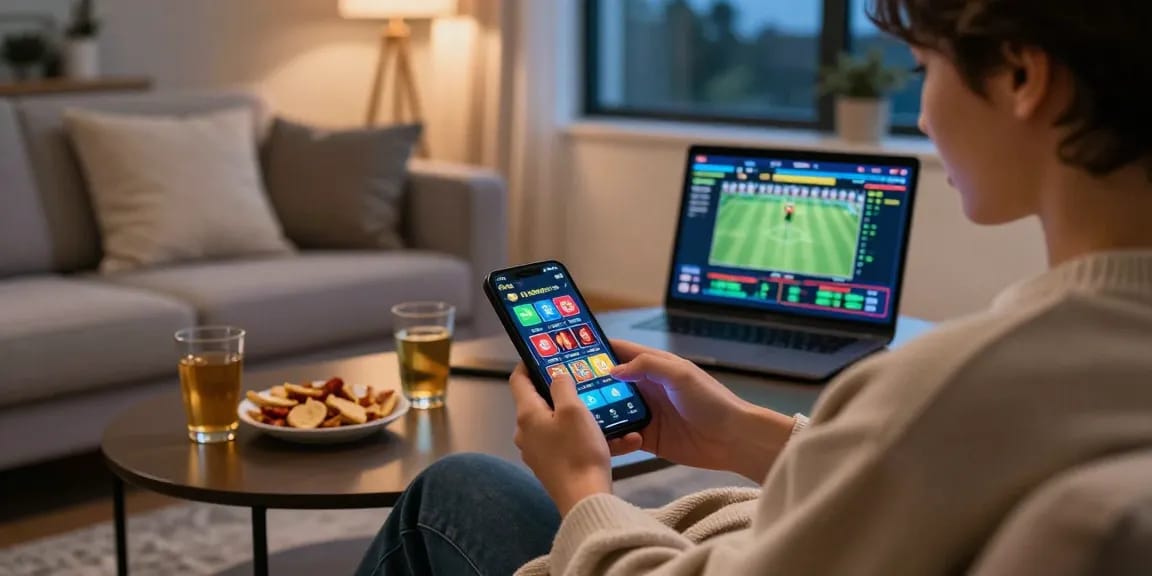 Exciting interaction with fun88casino mobile app in a cozy living room setting, showcasing sports betting and casino games.