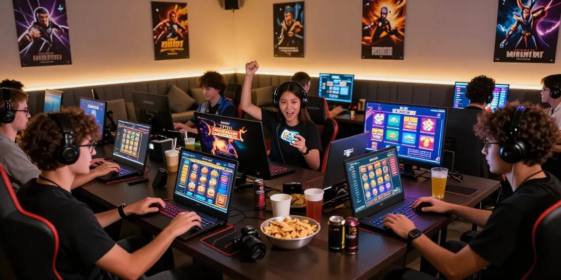 Gamers enjoying an engaging ngamenjitu online gaming experience in a vibrant gaming lounge with dynamic slot game interfaces.