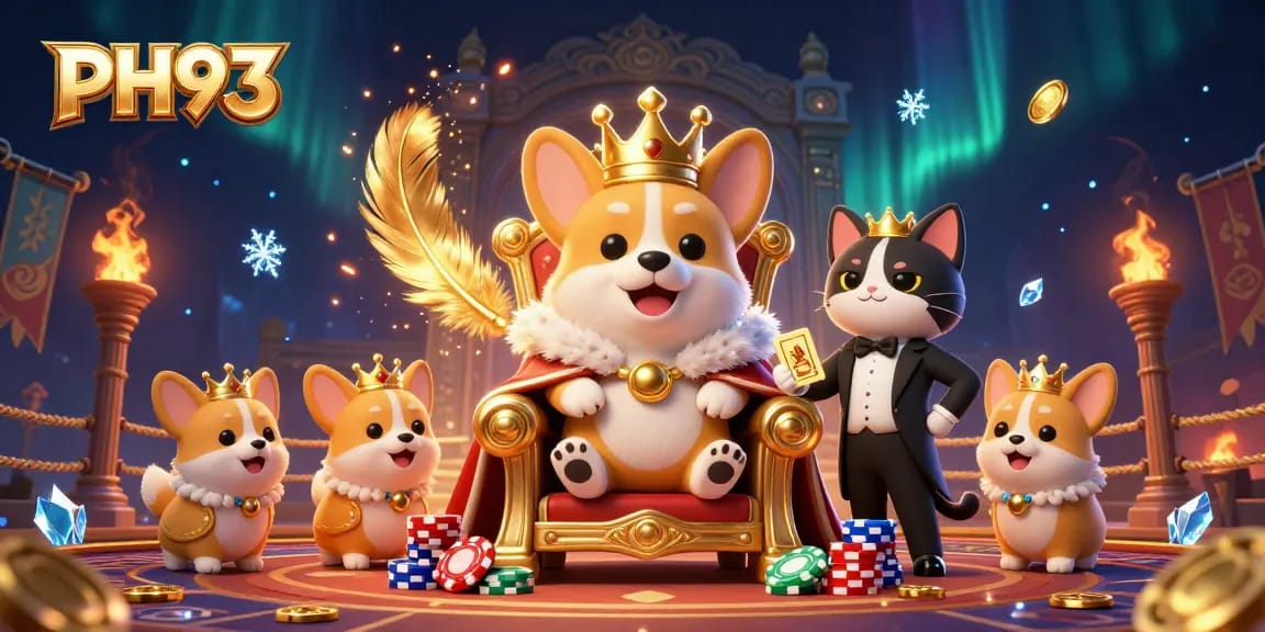 Engage in thrilling gaming with PH33 featuring a regal corgi and cat butler in a dazzling 3D casino environment.
