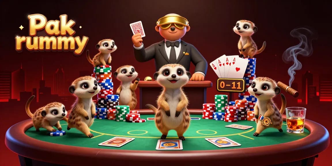 Experience thrilling game action with Pak rummy as meerkats manage a vibrant casino scene.