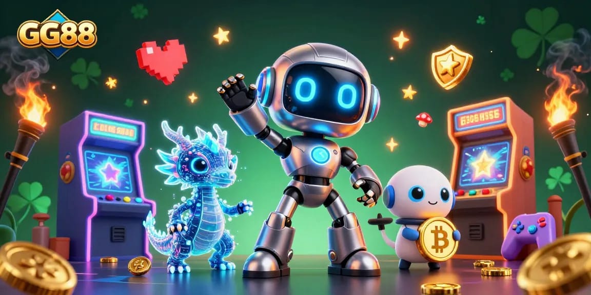 Engage with GG88's vibrant world featuring a cyberpunk robot, AI dragon, and crypto symbols.