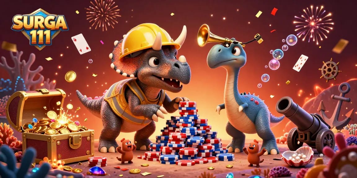 SURGA 111 casino scene with playful dinosaurs building poker chip towers amidst gold coins and glowing treasures.