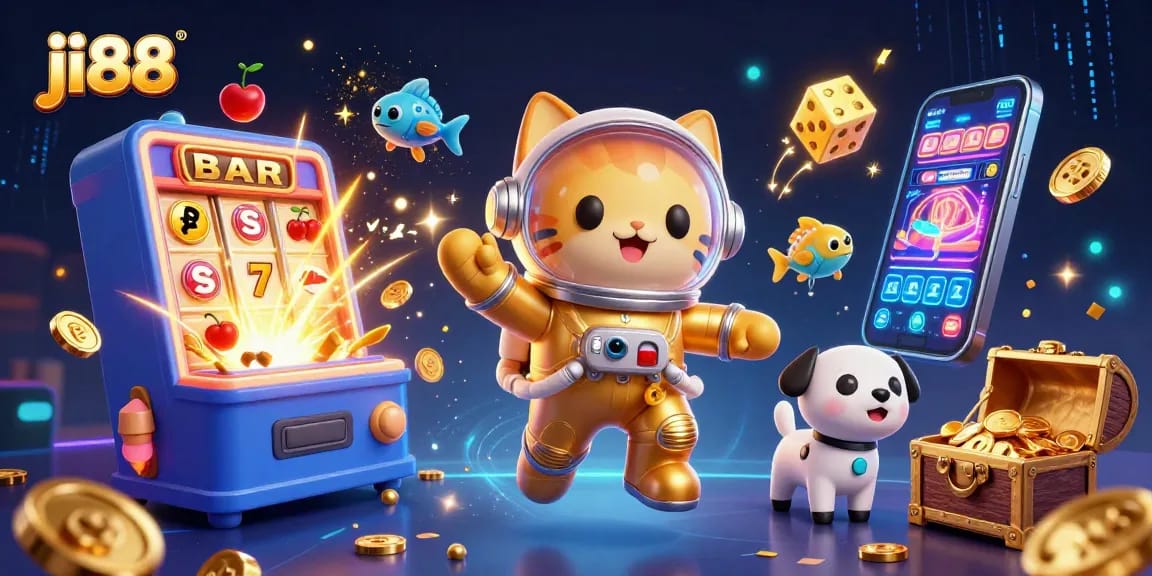Play thrilling casino adventures with ji88 in this vibrant 3D illustration showcasing slots and jackpots.