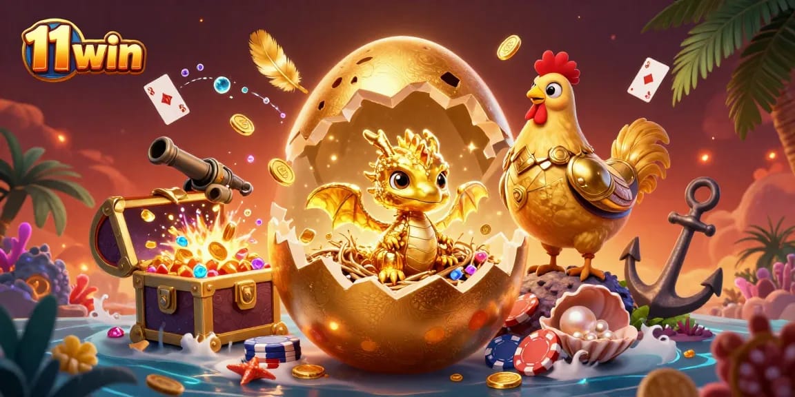 Play thrilling games at 11 win with golden dragon guarding poker chips and treasure.