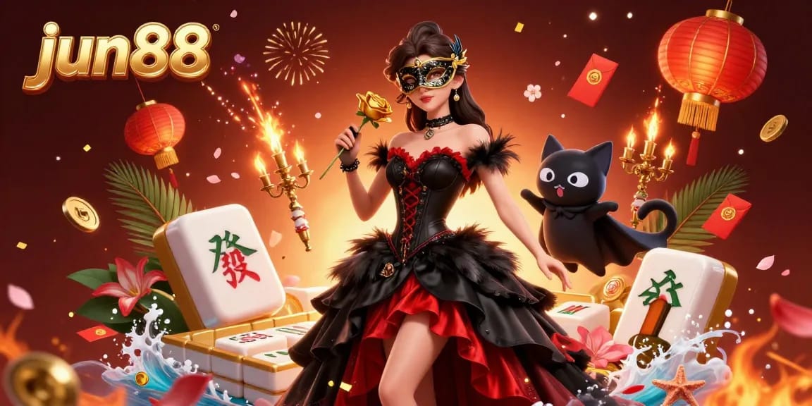 Join the excitement at jun88 with a vibrant illustration of a glamorous casino scene featuring a captivating lady and gaming elements.