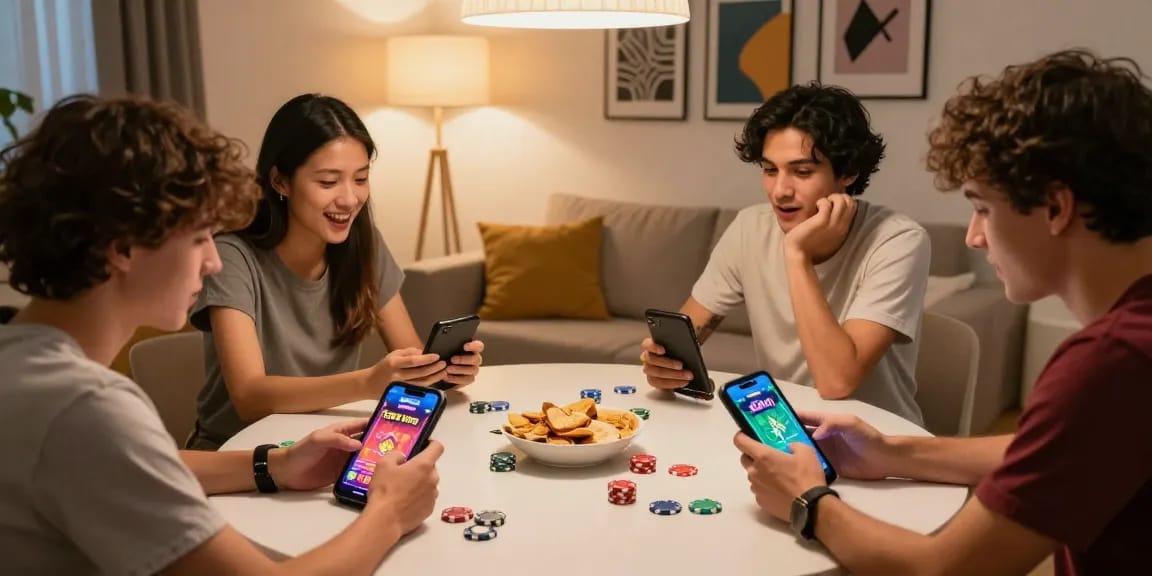 Friends enjoying Teen Patti Gold game on mobile devices, Open link to real money gaming experience.