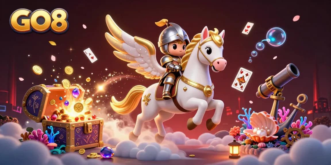 Experience exciting gameplay at GO8 with an epic knight and celestial horse amidst a treasure-filled backdrop.