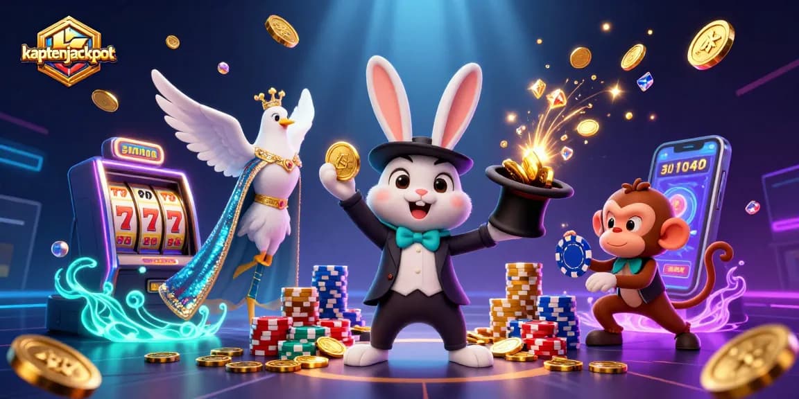 Play exciting slot games with kaptenjackpot as a magician rabbit, dove, and monkey create a jackpot scene!