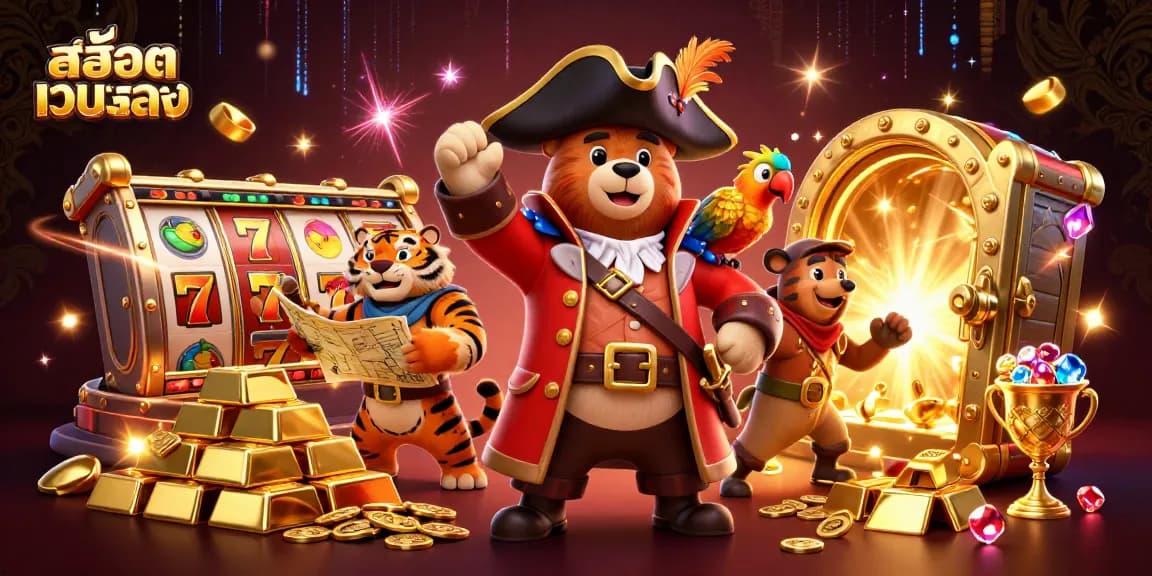 Play สล็อตเว็บตรง with vibrant characters, slot reels, and treasure in a 3D casino scene.