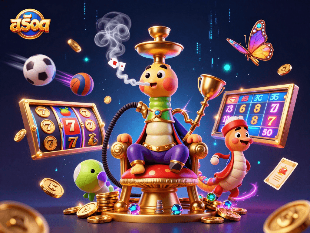 Engage with สล็อต in a vibrant 3D scene featuring a hookah-master and slot elements.