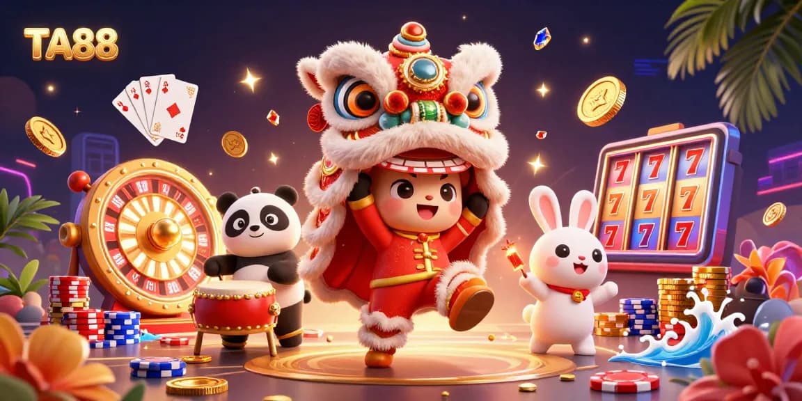 Experience thrilling TA88 casino action with colorful characters, coins, and game elements in a vibrant scene.