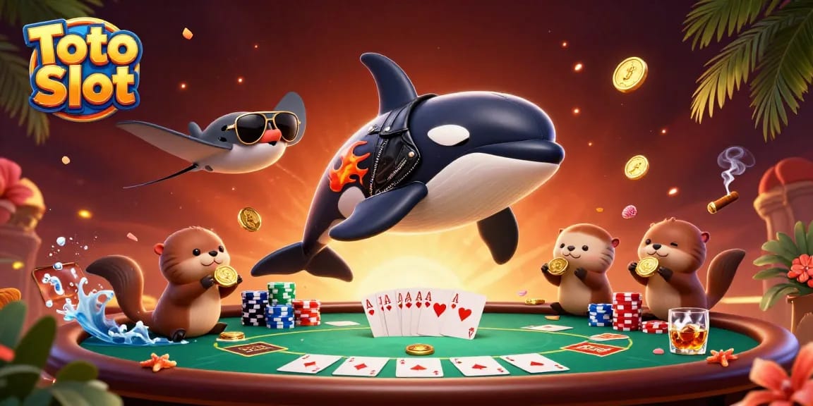 Toto Slot game scene featuring a cartoon orca, stingray, and otters with coins.