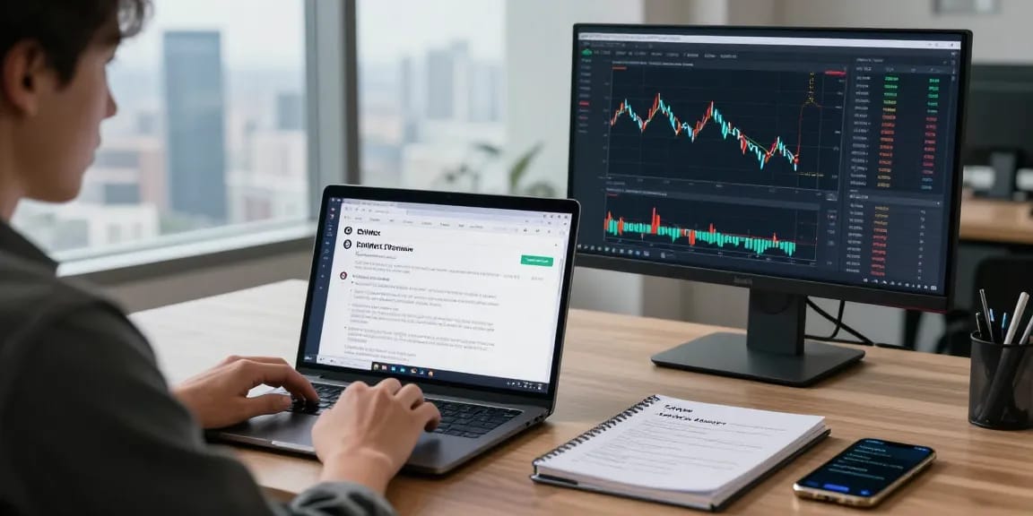 Человек анализирует отзывы bitmex на ноутбуке с графиками криптовалюты и торговымиstrategиями.
