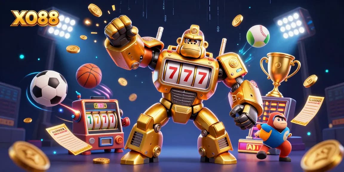 Experience thrilling gameplay with XO88 as a golden gorilla mech unleashes a coin explosion in this vibrant casino scene.