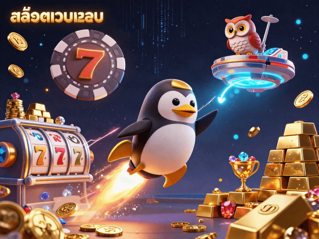 Engage with สล็อตเว็บตรง featuring a golden penguin soaring through a vibrant casino cosmos, surrounded by treasures.