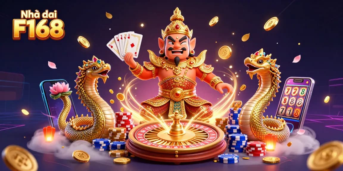 Experience the thrill of Nhà cái F168 in this vibrant casino scene filled with gold coins and excitement.