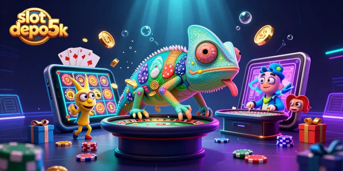 Play exciting slot depo 5k games with a dynamic chameleon casino owner in a vibrant 3D illustration.