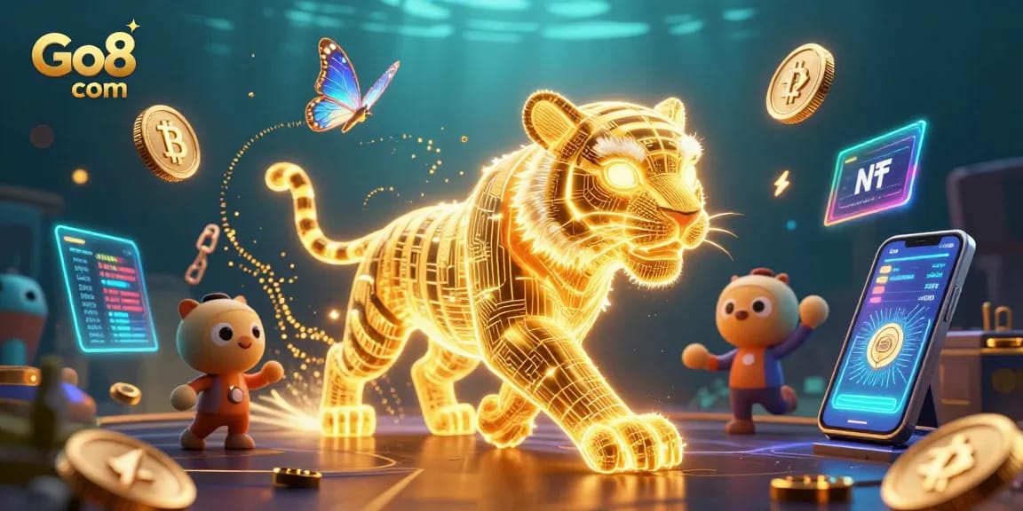 Win big at Go8 com in a vibrant casino scene with an energetic tiger and crypto elements.