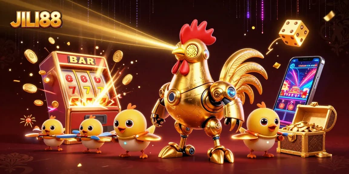 Engage with JILI88 as the golden rooster robot explodes jackpots in a vibrant casino scene.