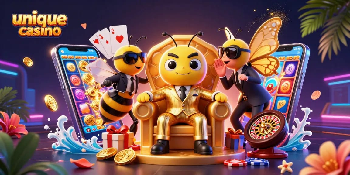 Gira el jackpot en un unique casino con un jefe abeja en su trono rodeado de premios y emoción.