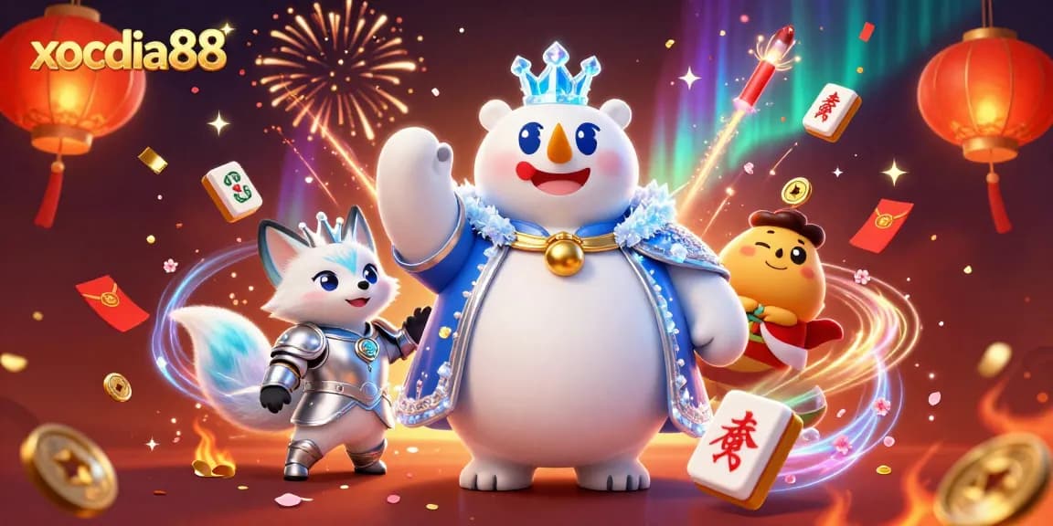 Xocdia88 showcases the dynamic gaming experience with an enchanting scene filled with festive elements and charming characters.